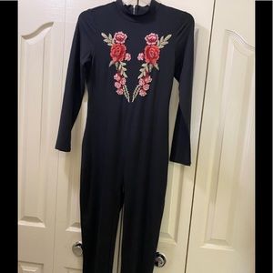 Black Jumpsuit With Floral Flowers